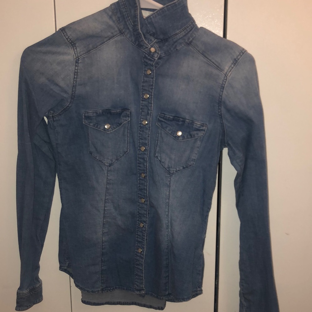 Denim button down top.